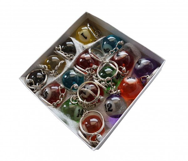Box of transparent colored billiard key chains